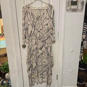 bryn Walker Cream Dress with Black Leaf Print High-Low Hem